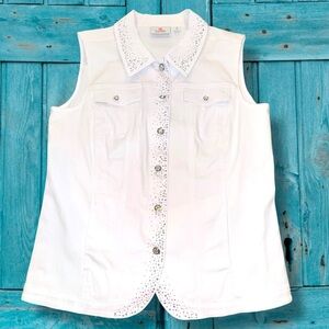 NEW Quacker Factory Size Med White Denim Button-Up Sequin Vest  Cotton-Spandex